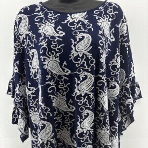 Forgotten Grace Navy White Paisley Trumpet Sleeve Embroidered Tunic Career 1X